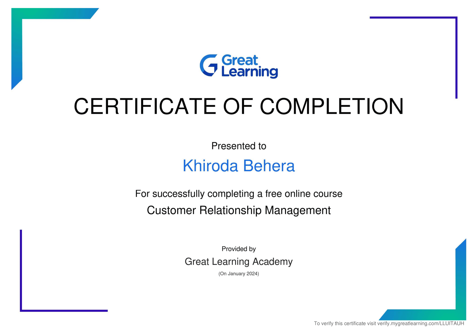 Customer Relationship Manager Certificate