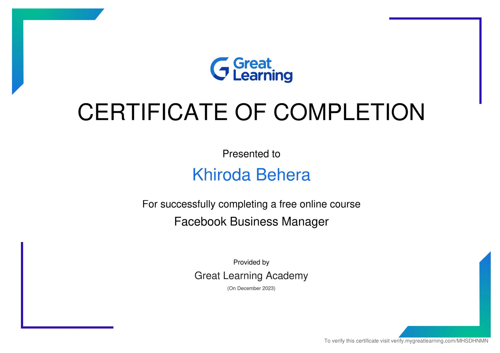 Facebook Manager Course Certificate