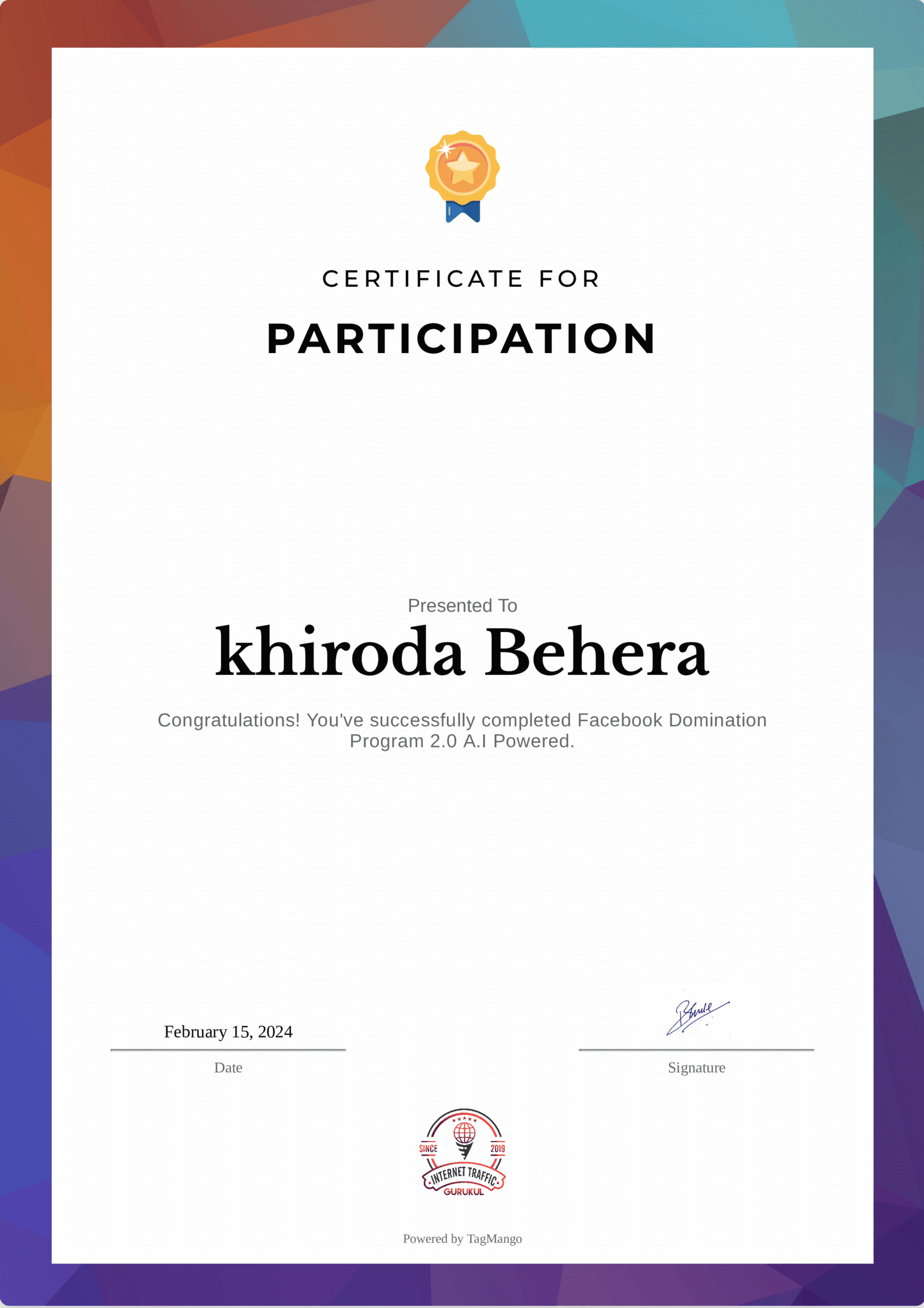 Facebook Domination Certificate